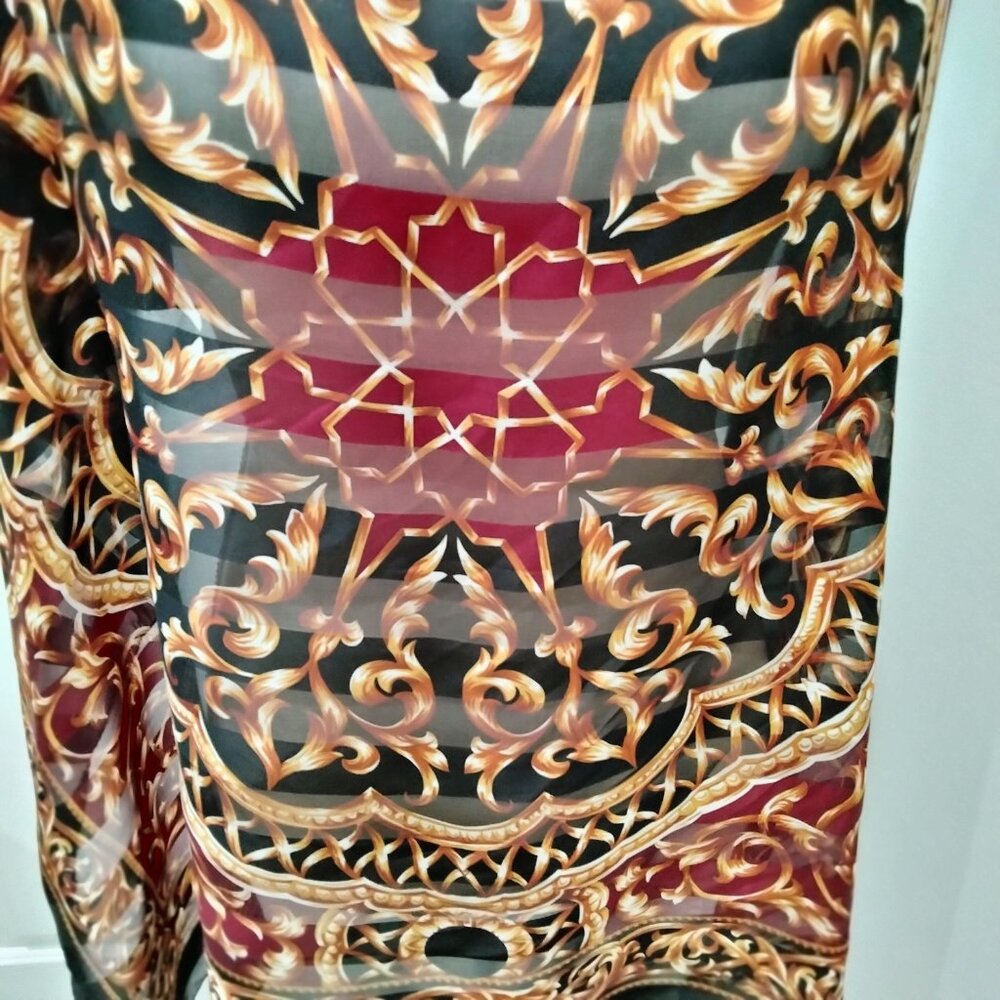 Sheer Scarf, Gold, Black, Burgundy Medallion Pattern, 34" Square, Polyester, New - Picture 10 of 10